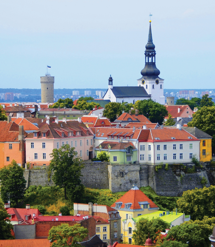 Image of the Estonian capital, Tallinn and it's old rooftops and Estonian flag